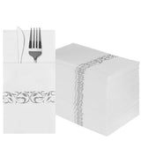 DADAWU Elegant White Linen-Feel Disposable Dinner Napkins with Gold Flatware Pocket - Pack of 50 for Parties & Weddings