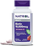 Natrol Biotin 10000 Mcg Tablets, Natural Strawberry Flavor, 60 Count - High Potency Hair, Skin, and Nail Support Supplement
