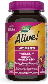 Nature’s Way Alive! Premium Women’s Gummy Multivitamin, Supports Energy Metabolism, Muscle Function*, B-Vitamins, Grape, Cherry, & Blueberry-Acai Flavored, 75 Gummies (Packaging May Vary)