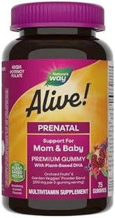 Nature’s Way Alive! Prenatal Premium Gummy Multivitamin, High Potency Folate, Plant-Based DHA, Vegetarian, Strawberry and Lemon Flavored, 75 Gummies (Packaging May Vary)