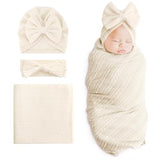 SYOSI Newborn 3-Piece Cotton Swaddle Set - Blanket, Hat & Headband