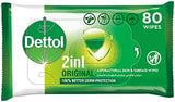 Dettol Original 2-in-1 Antibacterial Wipes, Kills 99.9% Germs, 80 Count