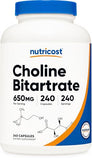 Nutricost Choline Bitartrate 650mg - 240 Vegetarian Capsules | Non-GMO, Gluten-Free Brain Support
