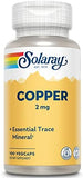 Solaray Copper 2mg - Essential Trace Mineral for Enzyme & Blood Health - 100 Vcaps