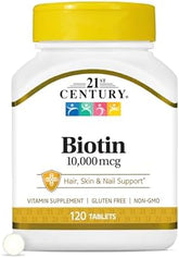 21st Century Biotin Tablets, 10,000 mcg, Unflavored 120 Count