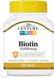 21st Century Biotin 10,000 mcg, 120 unflavored tablets for hair, skin, and nail support.