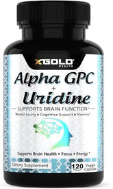 Alpha GPC Choline 600mg + Uridine Monophosphate 300mg-2-in-1 Nootropic Supplement Helps Boost Focus, Energy & Cognitive Performance -Potent Mood Enhancer & Brain Focus Supplements -120 Veggie Capsules