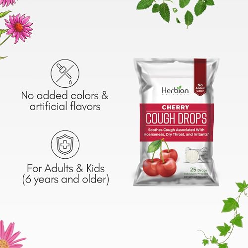 Herbion Naturals Cherry Flavor Cough Drops - Soothing Relief - 25 Count