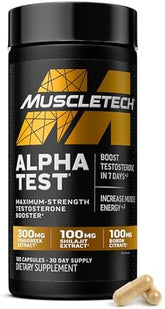 MuscleTech Testosterone Booster for Men, AlphaTest - T-Boost Mens Supplement with Tribulus Terrestris & Boron - Daily Male Gym Workout Supplements for Muscle Growth, Stamina & Energy - 120 Pills
