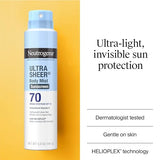 Neutrogena Ultra Sheer Body Mist Sunscreen Spray SPF 70 - Lightweight, Non-Greasy, Water Resistant, Broad Spectrum UVA/UVB Protection (5 oz)