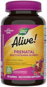 Nature’s Way Alive! Prenatal Multivitamin, Plant-Based DHA for Baby's Healthy Brain & Eye Development*, Vegetarian, Orange and Raspberry Lemonade Flavored, 90 Gummies (Packaging May Vary)
