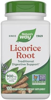 Nature's Way Licorice Root, Traditional Digestive Support Supplement*, 900 mg per 2-Capsule Serving, Non-GMO Project Verified, 100 Vegan Capsules (Packaging May Vary)