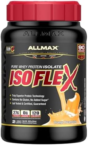 ALLMAX ISOFLEX Pure Whey Protein Isolate in Orange Dreamsicle flavor, 2 lbs tub for muscle recovery and protein intake