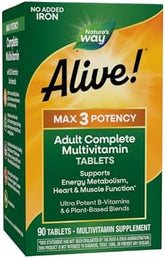 Nature's Way Alive! Max3 Potency Adult Complete Multivitamin, High Potency B-Vitamins to Support Energy Metabolism*, with Methylated B12 and Folate, No Added Iron, 90 Tablets (Packaging May Vary)