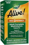 Nature's Way Alive! Max3 Potency Adult Complete Multivitamin, High Potency B-Vitamins to Support Energy Metabolism*, with Methylated B12 and Folate, No Added Iron, 90 Tablets (Packaging May Vary)