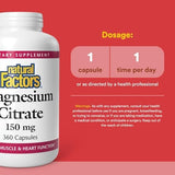Natural Factors Magnesium Citrate 150mg - 360 Capsules for Muscle & Nerve Support
