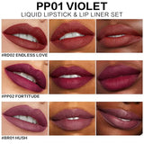 FOCALLURE KISSPROOF 6Pcs Liquid Lipstick & Lip Liner Set - Highly Pigmented Lip Gloss & Matte Lip Crayons with Sharpener - Violet Lip Makeup Gift for Women