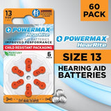 Powermax Size 13 Hearing Aid Batteries (Orange Tab) - 64 Count