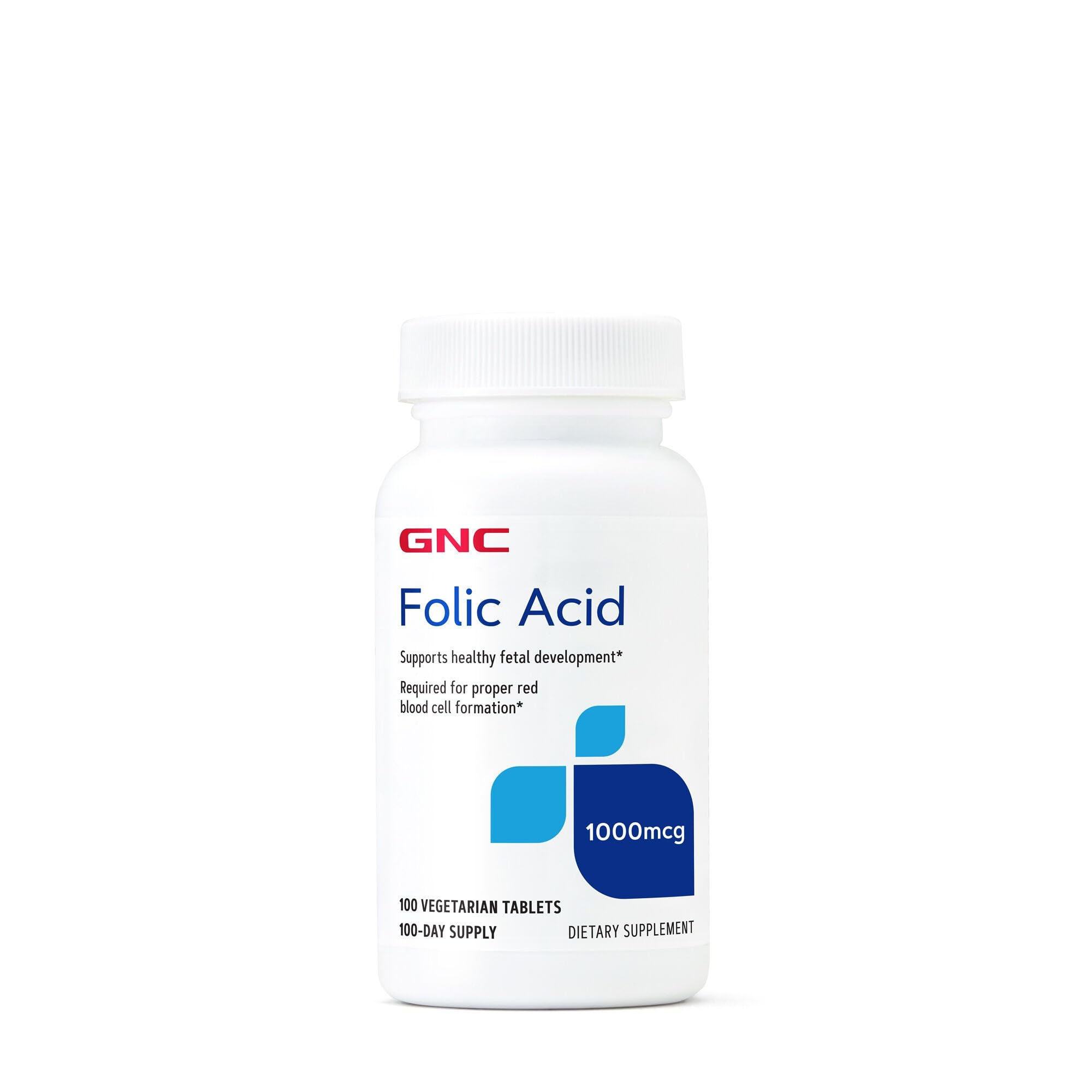 GNC Folic Acid 1000 mcg - Healthy Fetal Development & Red Blood Cell Support, 100 Vegetarian Tablets