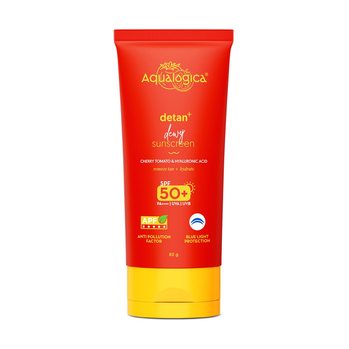 Aqualogica Detan+ Dewy Sunscreen SPF 50+ PA++++ | Blue Light & Pollution Protection | Glycolic & Hyaluronic Acid | No White Cast | 80g