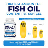 Arazo Nutrition Wild Caught Omega 3 Fish Oil - 120 Softgels - High EPA 1200mg & DHA 900mg - Lemon Flavor Burpless Softgels