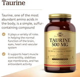 Solgar Taurine 500 mg, 250 Vegetable Capsules - Antioxidant - Brain & Heart Health - Amino Acid - Vegan, Gluten Free, Dairy Free, Kosher, Halal - 250 Servings