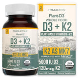 Organic Plant D3 + K2 | 5000 IU D3 + 120 mcg K2 (MK7) | Vegan, Whole Food, Enhanced Digestion | 60 Count