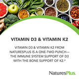 Nature's Plus Vitamin D3 & K2 - 1000 IU/100 mcg - Vegetarian Capsules for Bone & Heart Health
