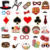 30pcs Casino Photo Booth Props – Las Vegas Poker Theme Selfie Props with Sticks & Glue Dots for Birthday, Prom & Casino Parties