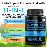 11-in-1 Nootropic Brain Supplement - Memory & Focus with Ginkgo Biloba, L-Theanine, Bioperine & Alpha GPC Choline | 60 Capsules