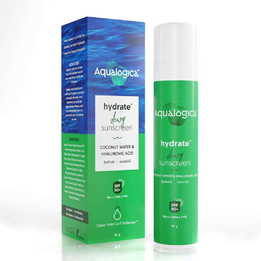Aqualogica Hydrate+ Lightweight Sunscreen SPF 50 PA++++ - Coconut Water & Hyaluronic Acid - UVA/UVB + Blue Light Protection, 50g