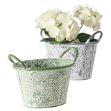 WHW Whole House Worlds Acanthus Embossed Oval Planters Set of 2 - Green & Grey with White Vintage Patina