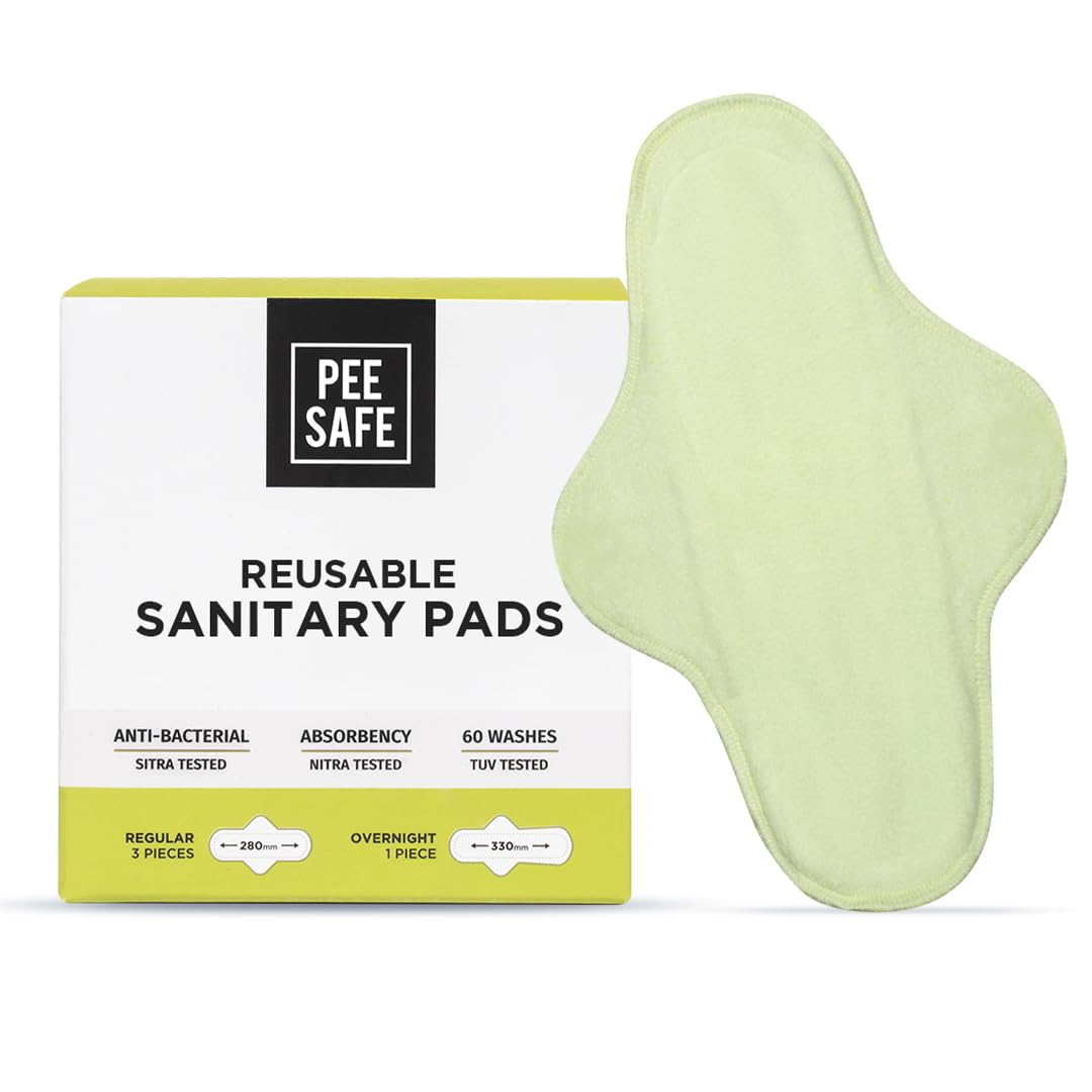 Pee Safe Reusable Sanitary Pads - Anti-Bacterial, Absorbent Pack of 4 with Pouch