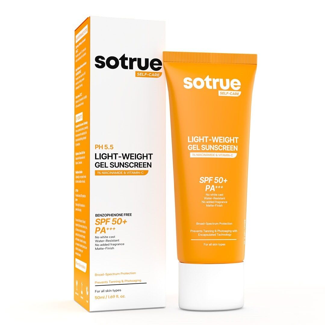 Sotrue Face Gel Sunscreen SPF 50+ PA+++ - Lightweight Gel with 1% Niacinamide & Vitamin C, No White Cast, Water-Resistant, 50ml