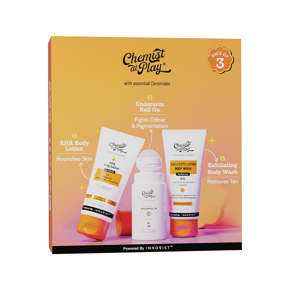 Chemist At Play Exfoliating Kit with AHA Body Lotion, Underarm Roll-On, Soap, Toner & Serum for Tan, Odour & Brightening 140ml