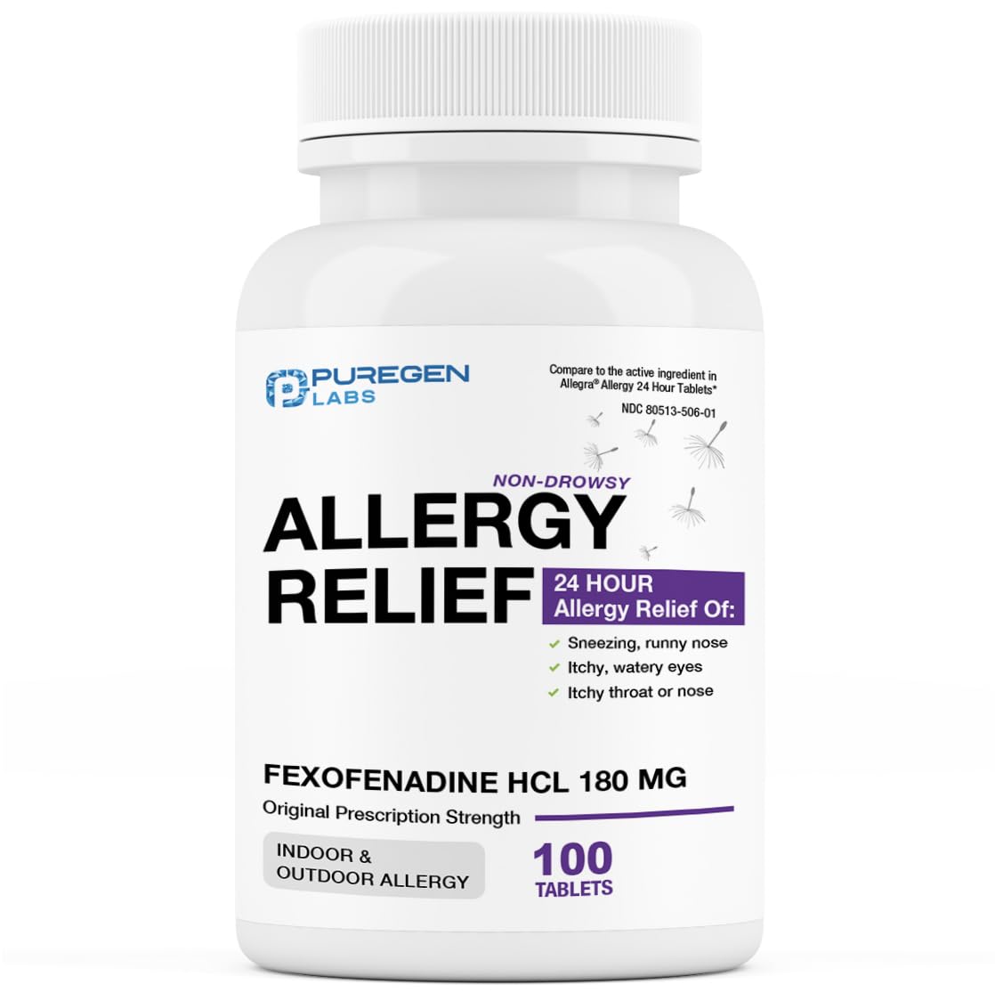 Puregen Labs Fexofenadine 180mg 24-Hour Non-Drowsy Allergy Relief (100 Ct)