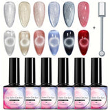 Azonee 6 Pcs Holographic Glitter Cat Eye Gel Nail Polish Kit with Magnet