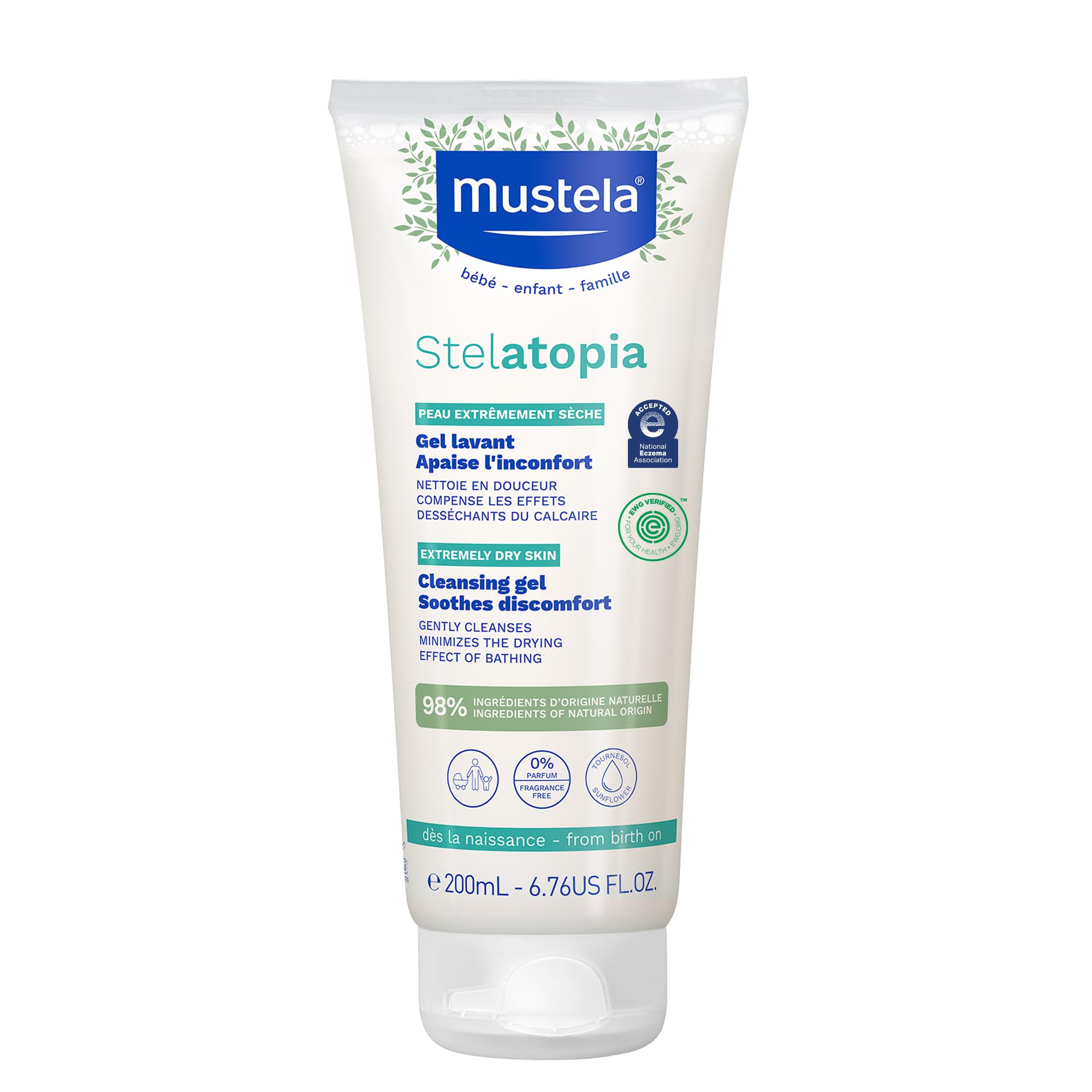 Mustela Stelatopia Cleansing Gel - Baby Face & Body Wash for Eczema-Prone Skin with Natural Avocado & Sunflower Oil - Fragrance-Free & Tear Free - 6.76 fl. oz