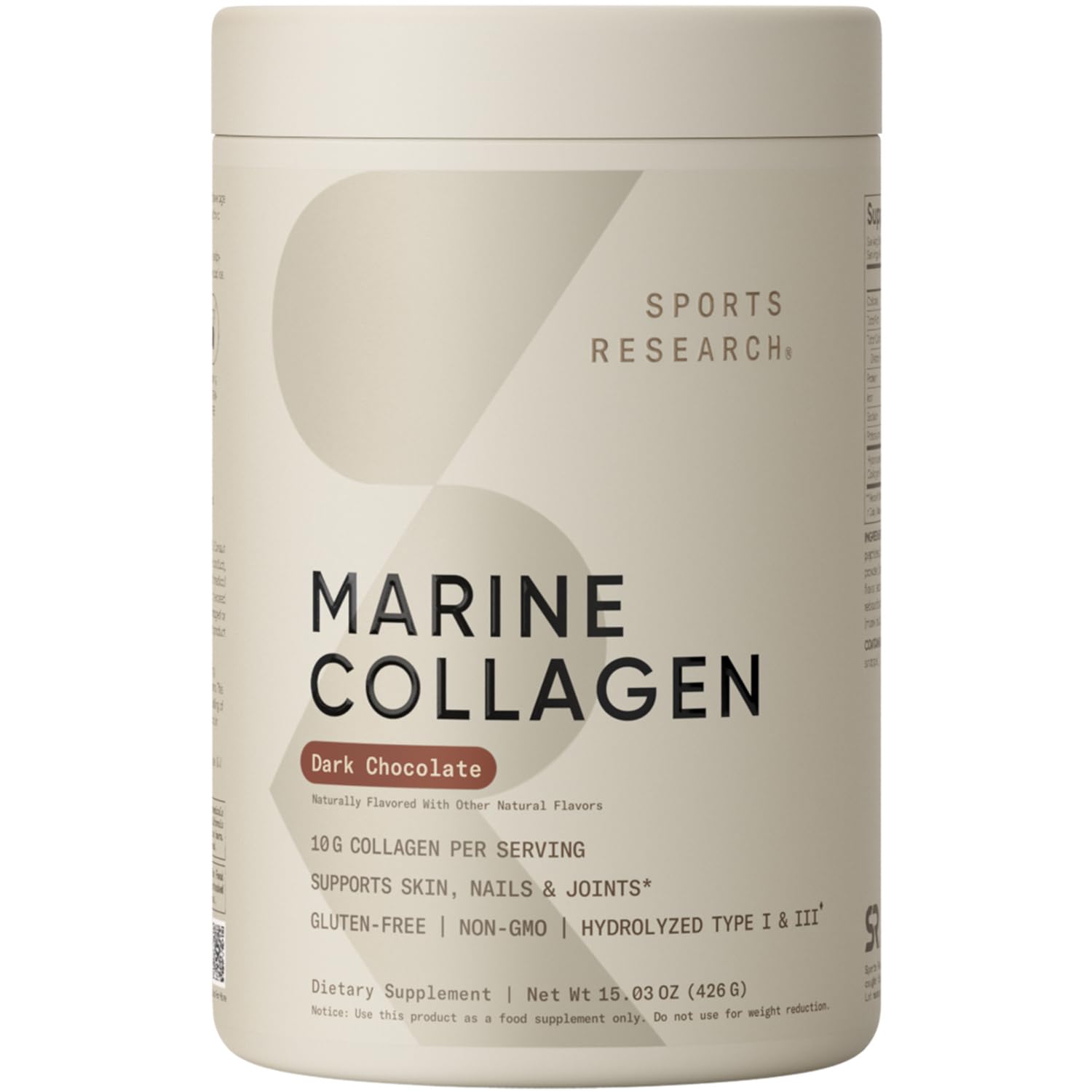 Sports Research Marine Collagen Peptides Powder (Dark Chocolate) | Post-Workout Recovery & Beauty Support