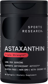 Sportgs Research Triple Strength Astaxanthin (12mg) with Organic Coconut Oil | Non-GMO, Soy & Gluten Free - 60 Mini Softgels (2 Month Supply)