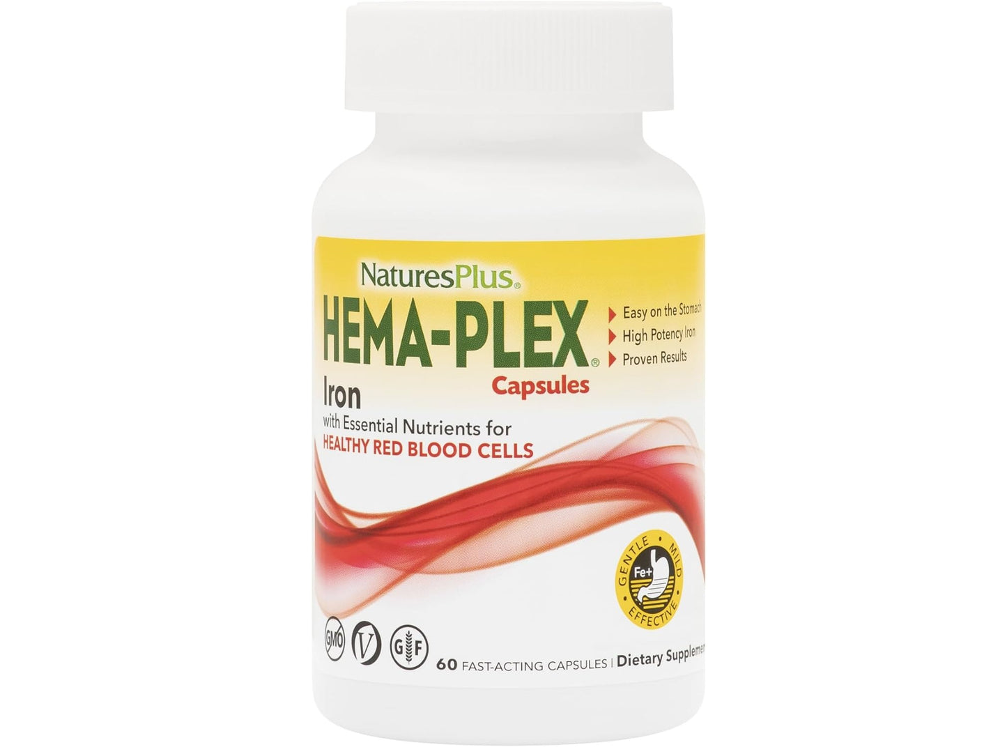 NaturesPlus Hema-Plex Iron - 60 Fast-Acting Capsules - 85 mg Chelated Iron + Vitamin C & Bioflavonoids for Healthy Red Blood Cells - Vegan, Gluten Free - 30 Servings