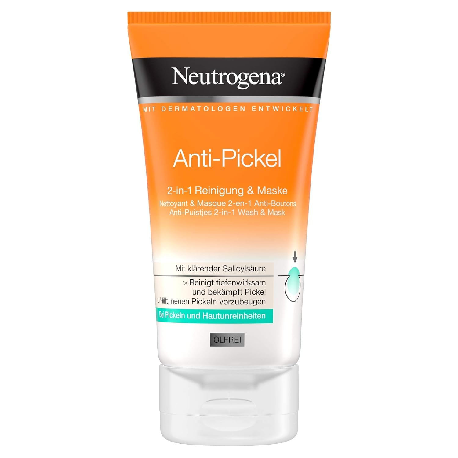 Neutrogena Anti-Pimple Facial Cleanser with Salicylic Acid - 2-in-1 Cleansing & Mask for Blemished Skin, Oil-Free, 150 ml