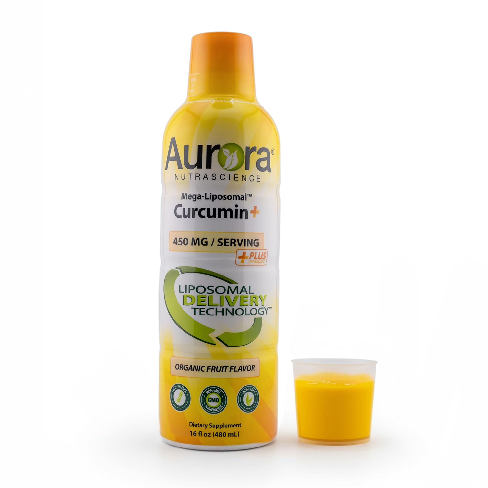 Aurora Nutrascience Mega-Liposomal Curcumin + Vitamin C - Organic Fruit Flavor - 450mg per Serving - 16 fl oz