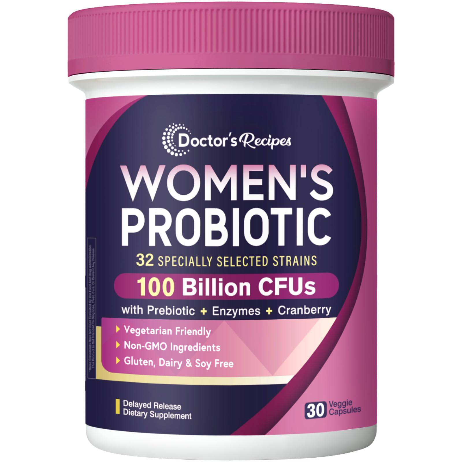 Doctor's Recipes Probiotics for Women - 100 Billion CFU 32 Strains with Prebiotic Fiber, Enzymes & Cranberry | Urinary Digestive & Immune Support | 30 Capsules