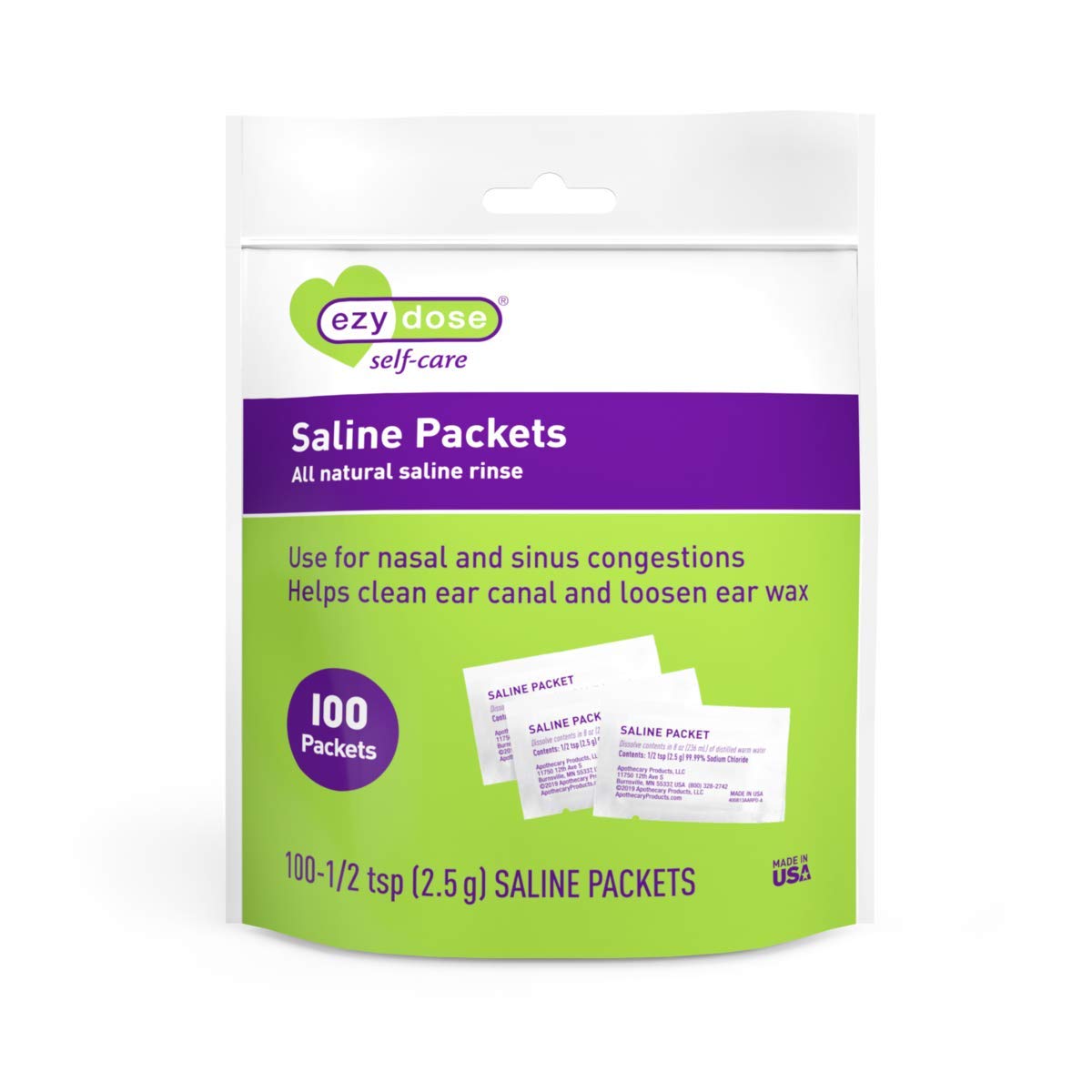 EZY DOSE Saline Nasal Rinse Refill Packets - Sinus Relief, 100 Count, USA Made