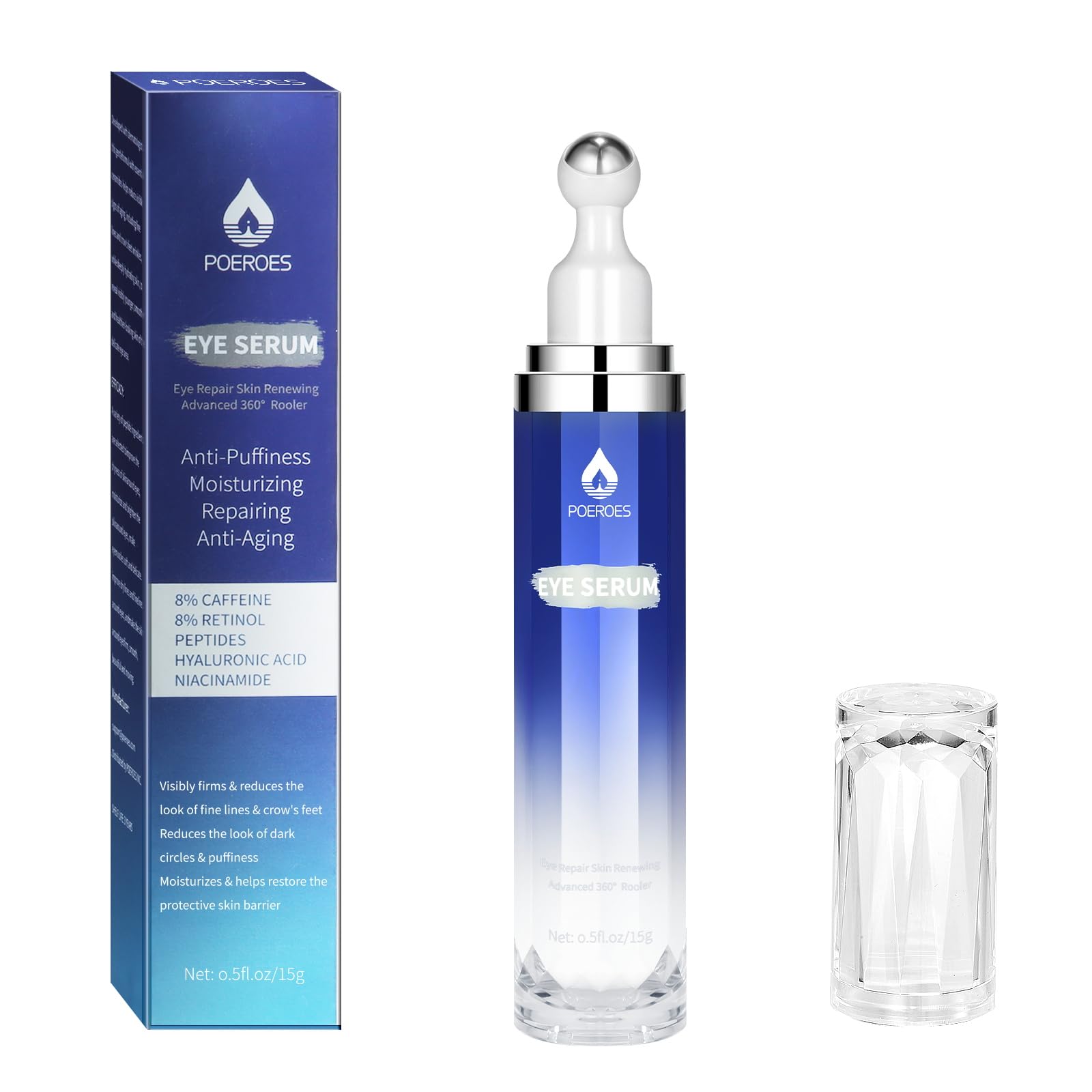 8% Caffeine + 8% Retinol Eye Serum, 360° Roller Ball for Puffiness & Fine Lines