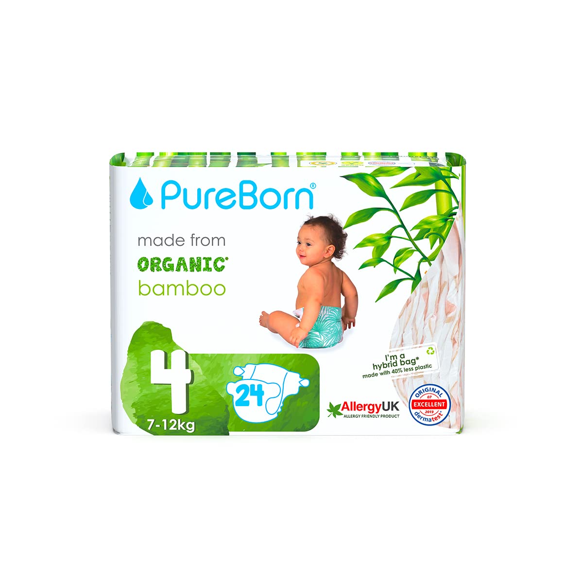 PureBorn Organic Bamboo Baby Diapers Size 4 (7-12kg, 24 Pcs)