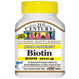 21st Century Biotin High Potency 800 Mcg - 110 Tablets for Hair, Skin & Nails