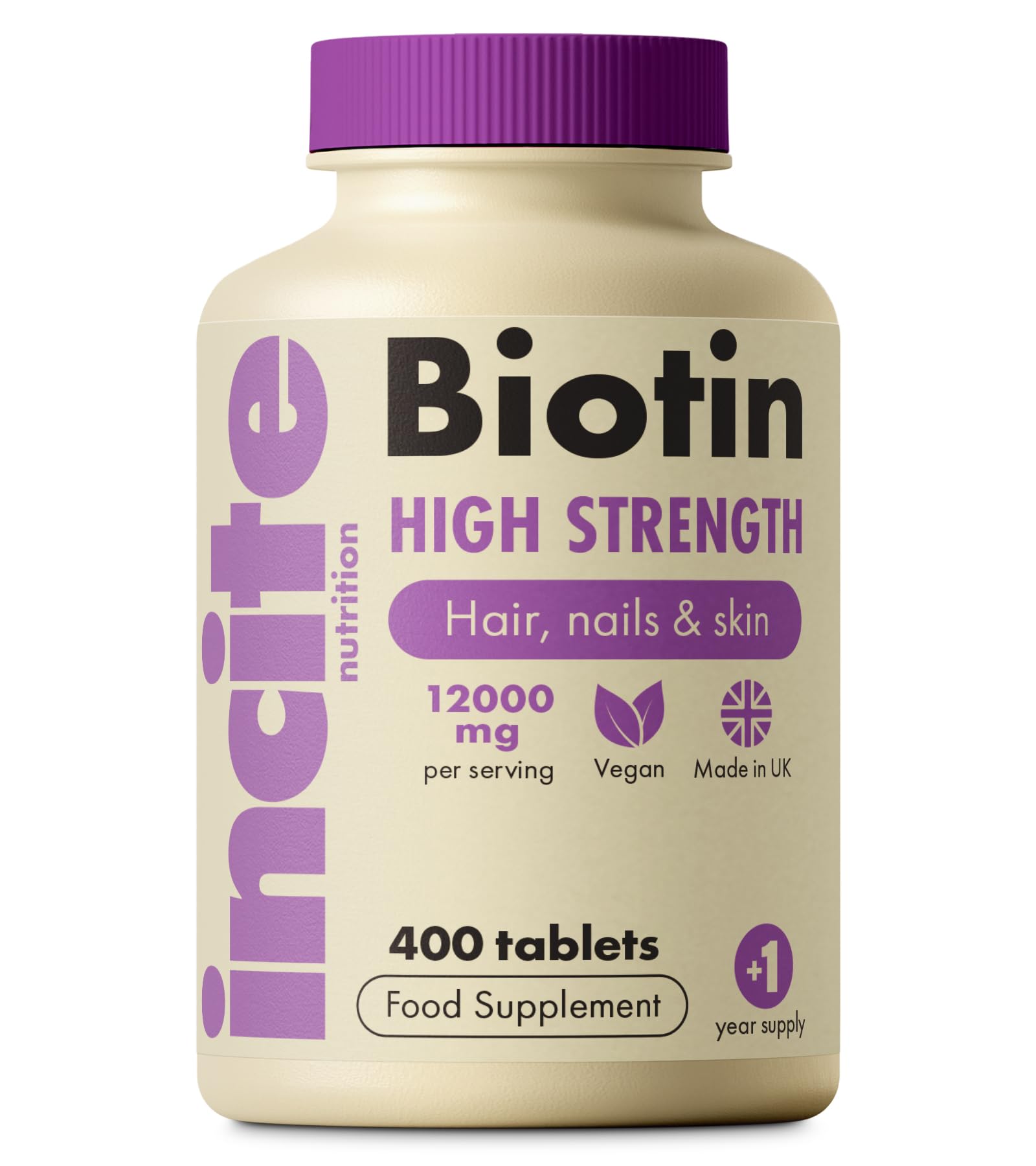 Incite Nutrition Biotin Hair Growth Supplement 12,000mcg - 400 Tiny Tablets (Full Year Supply)