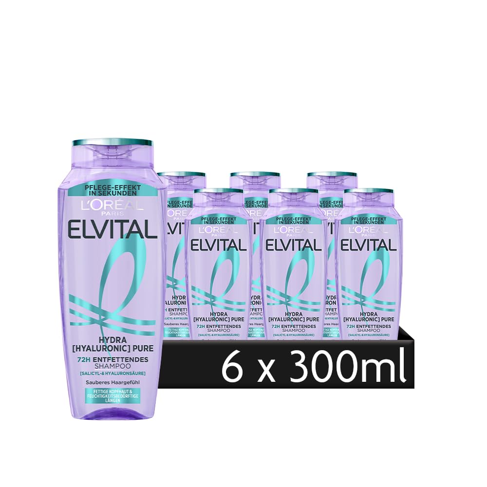 L’Oréal Paris Elvital Hydra Hyaluronic Pure Shampoo Set, 6 x 300 ml for Hydrating, Shiny Hair